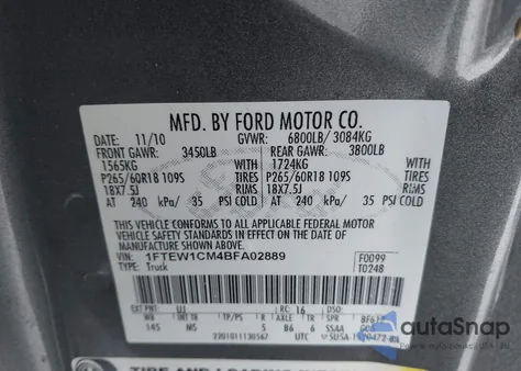 2011 Ford F-150 Xlt из США, поврежденный, VIN 1FTEW1CM4BFA02889